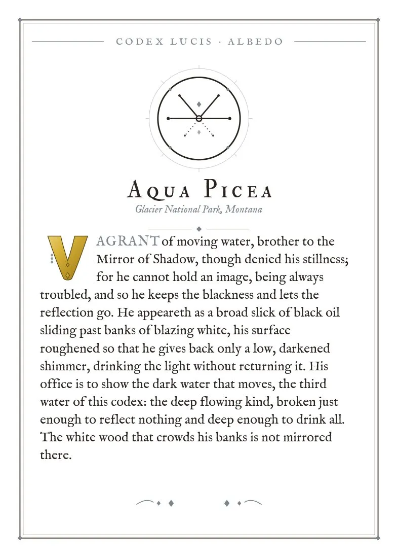 The colophon for Aqua Picea — its Codex Lucis entry, printed on fine-art card