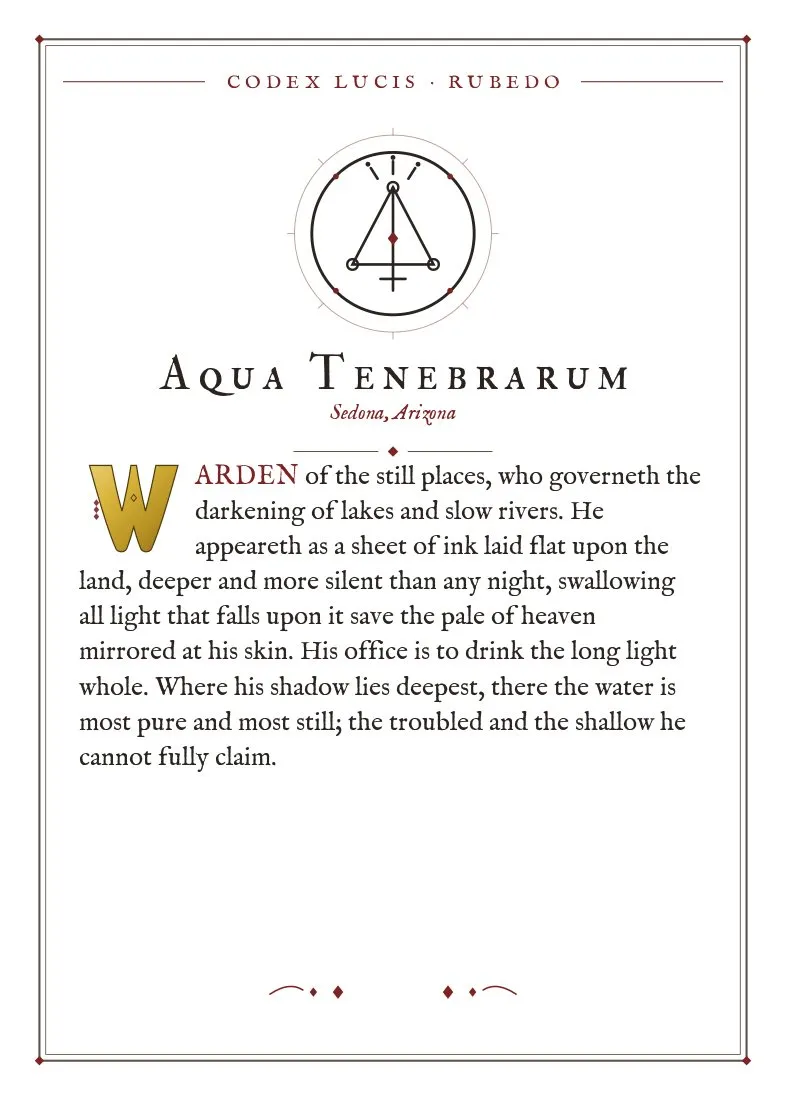 The colophon for Aqua Tenebrarum — its Codex Lucis entry, printed on fine-art card