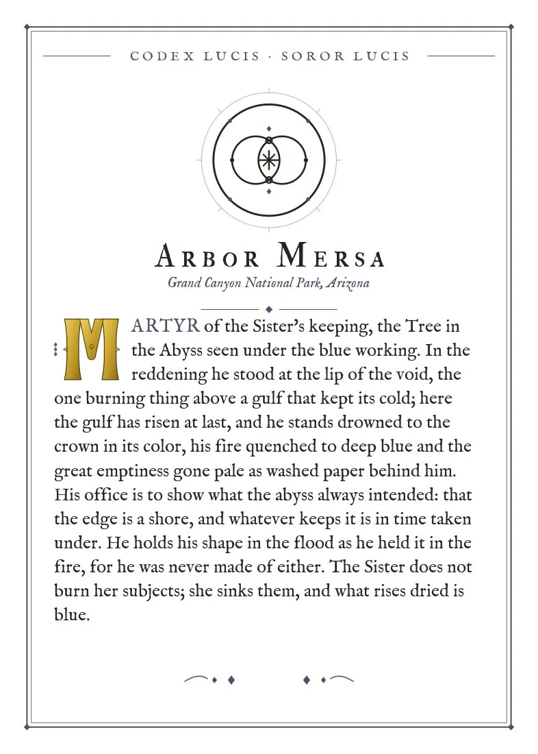 The colophon for Arbor Mersa — its Codex Lucis entry, printed on fine-art card