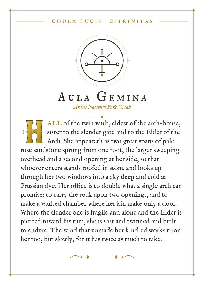 The colophon for Aula Gemina — its Codex Lucis entry, printed on fine-art card