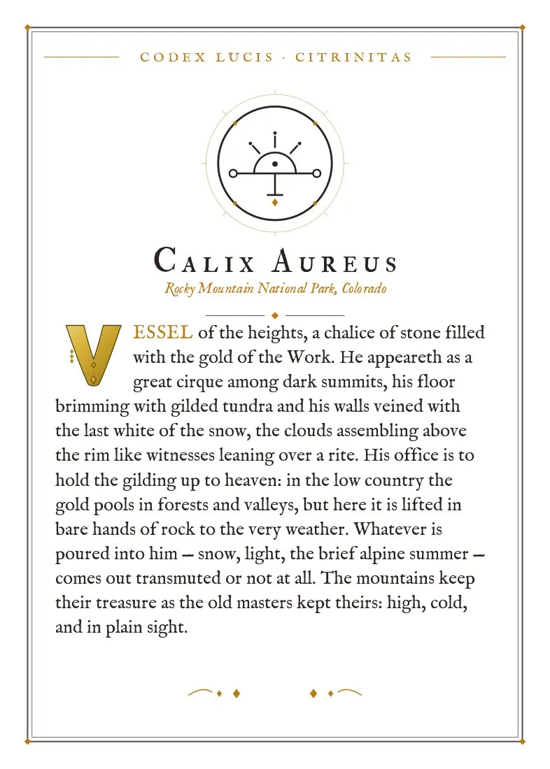 The colophon for Calix Aureus — its Codex Lucis entry, printed on fine-art card