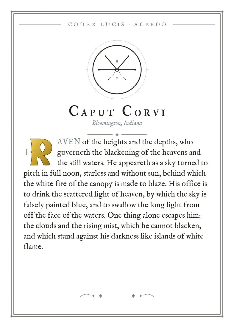 The colophon for Caput Corvi — its Codex Lucis entry, printed on fine-art card