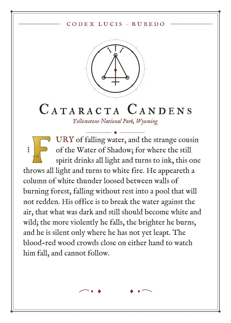 The colophon for Cataracta Candens — its Codex Lucis entry, printed on fine-art card
