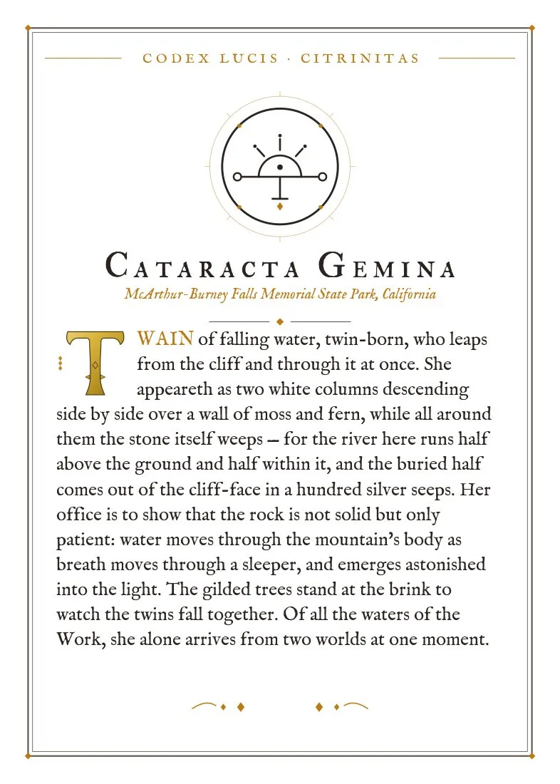 The colophon for Cataracta Gemina — its Codex Lucis entry, printed on fine-art card
