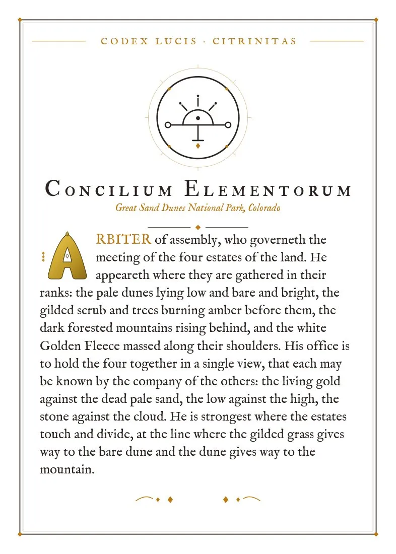 The colophon for Concilium Elementorum — its Codex Lucis entry, printed on fine-art card