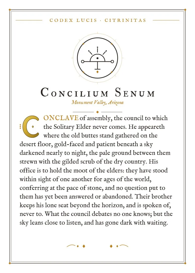 The colophon for Concilium Senum — its Codex Lucis entry, printed on fine-art card