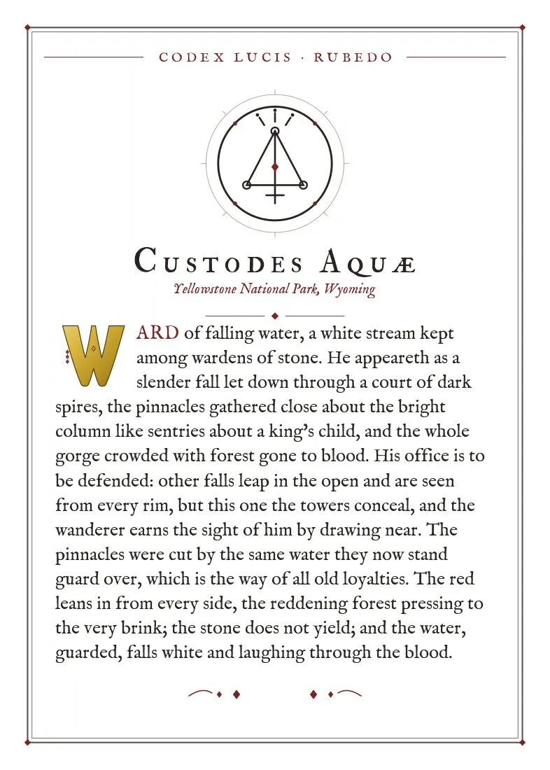 The colophon for Custodes Aquae — its Codex Lucis entry, printed on fine-art card