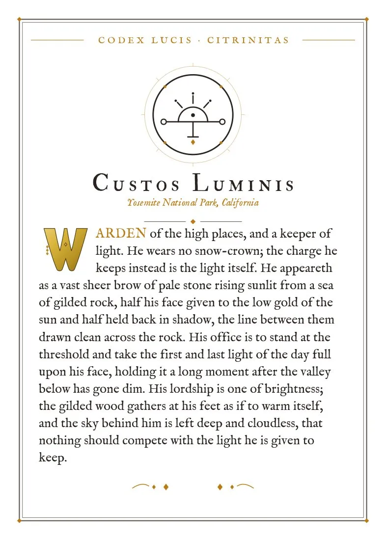 The colophon for Custos Luminis — its Codex Lucis entry, printed on fine-art card