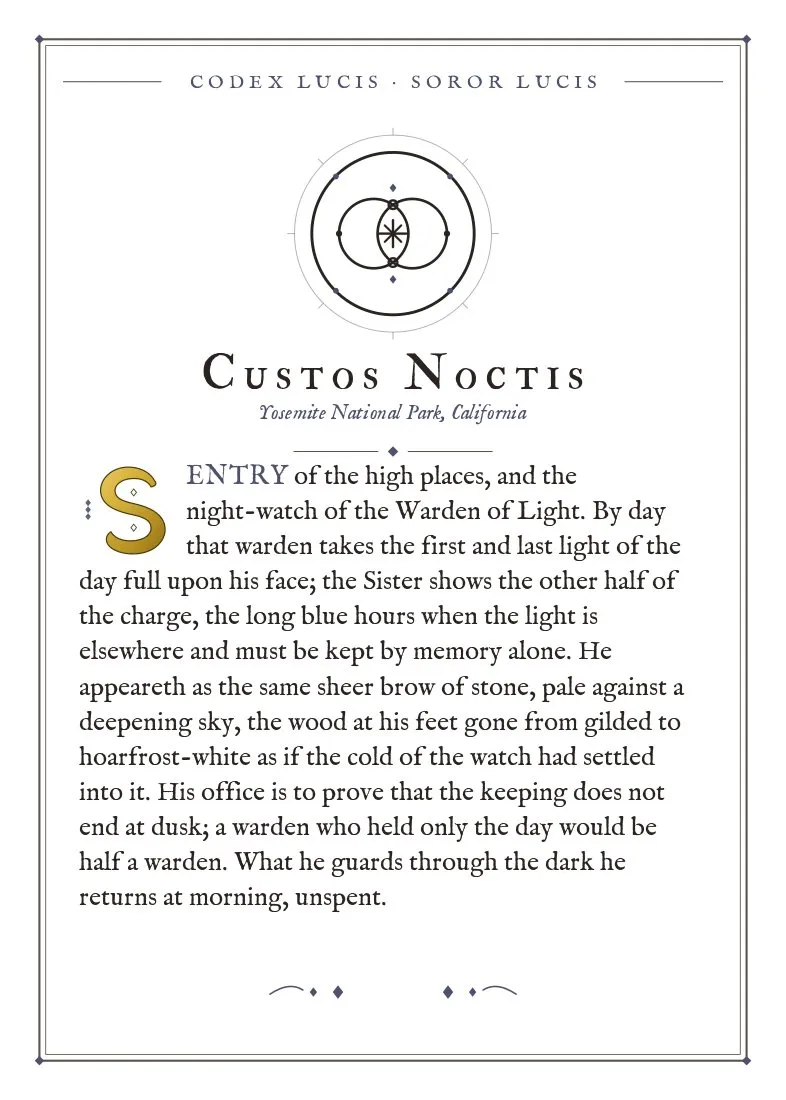 The colophon for Custos Noctis — its Codex Lucis entry, printed on fine-art card