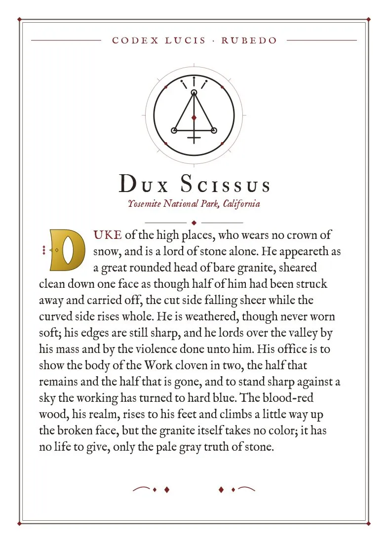 The colophon for Dux Scissus — its Codex Lucis entry, printed on fine-art card