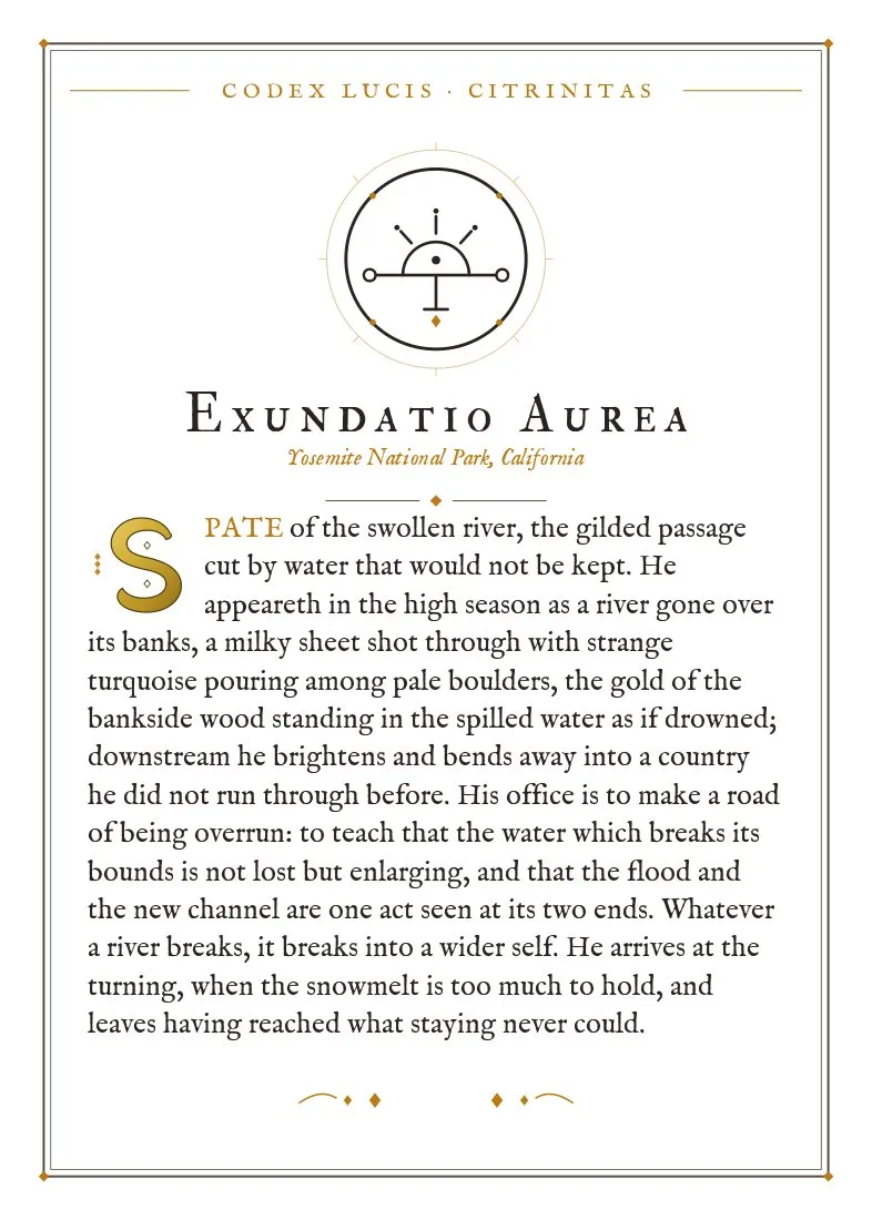 The colophon for Exundatio Aurea — its Codex Lucis entry, printed on fine-art card