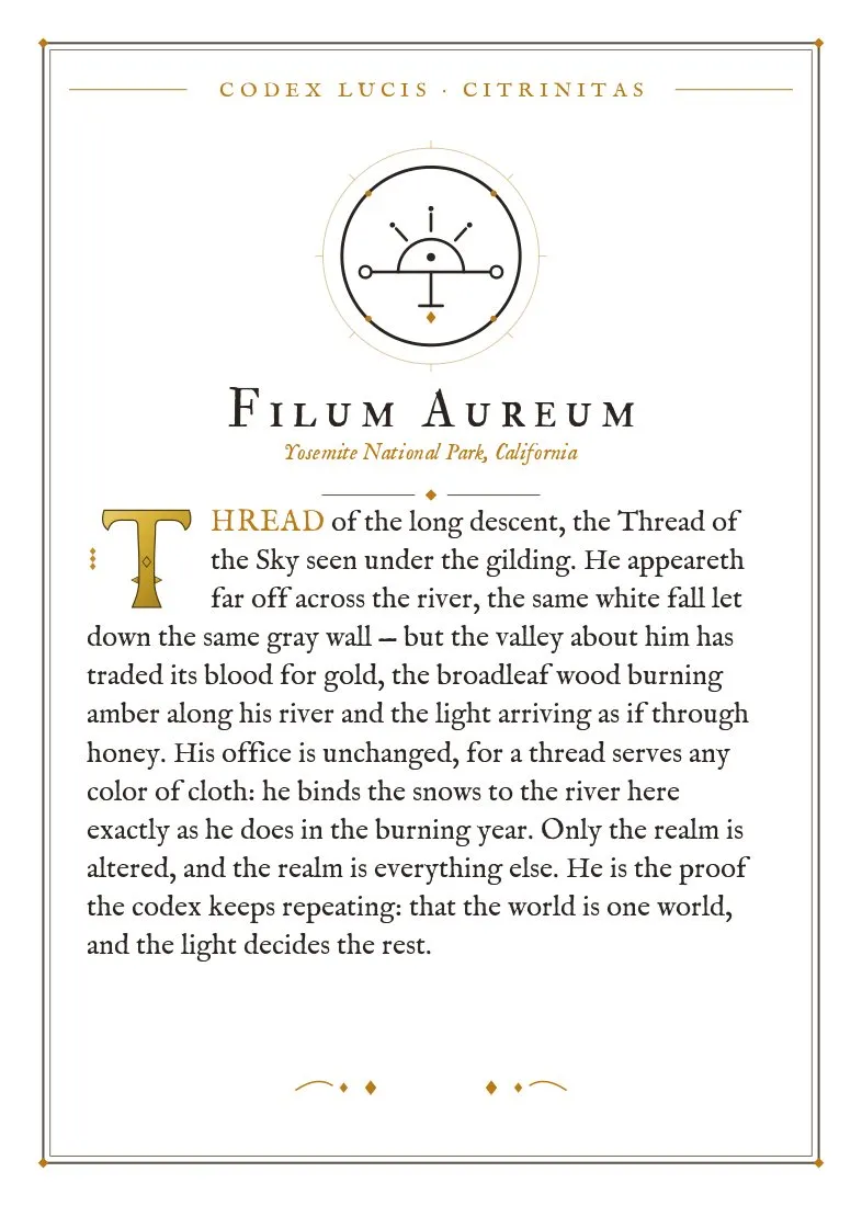 The colophon for Filum Aureum — its Codex Lucis entry, printed on fine-art card