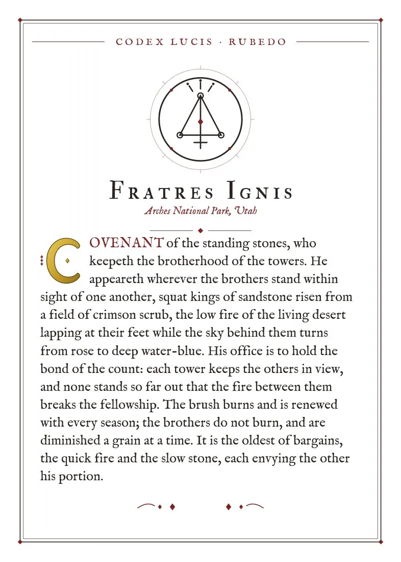 The colophon for Fratres Ignis — its Codex Lucis entry, printed on fine-art card