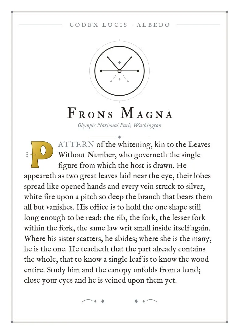 The colophon for Frons Magna — its Codex Lucis entry, printed on fine-art card