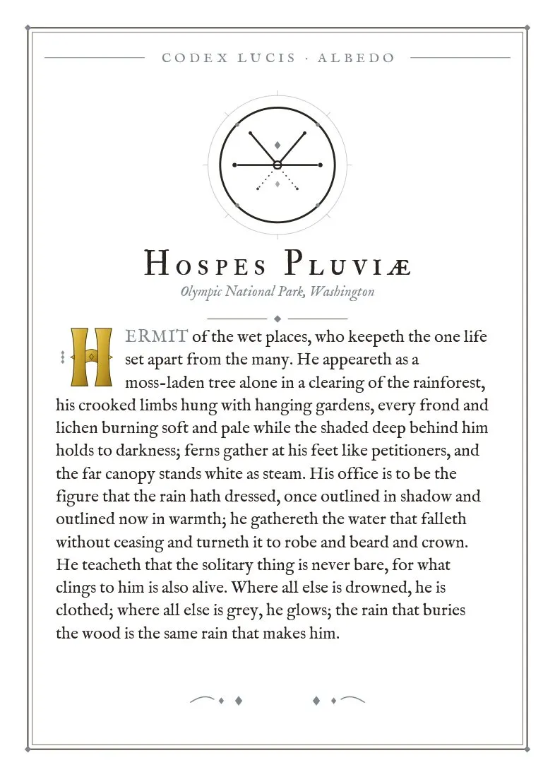 The colophon for Hospes Pluviae — its Codex Lucis entry, printed on fine-art card