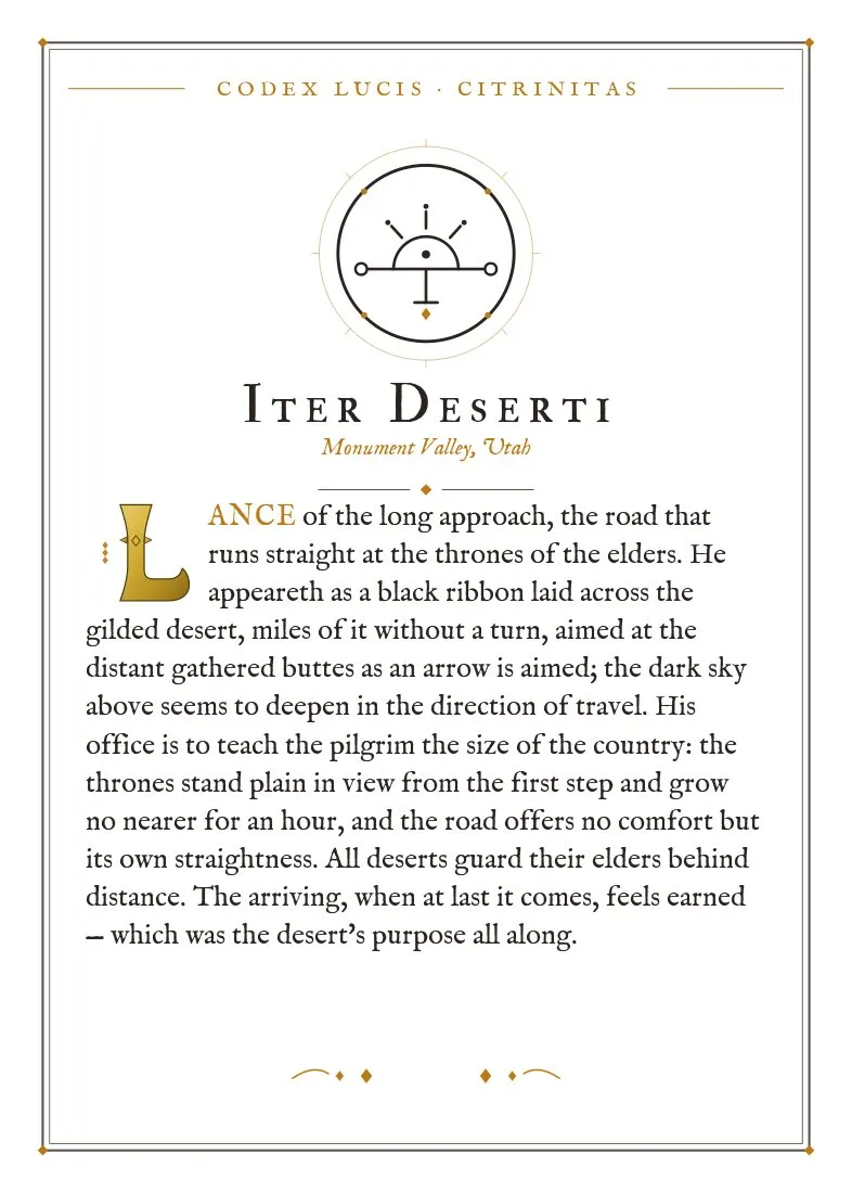 The colophon for Iter Deserti — its Codex Lucis entry, printed on fine-art card