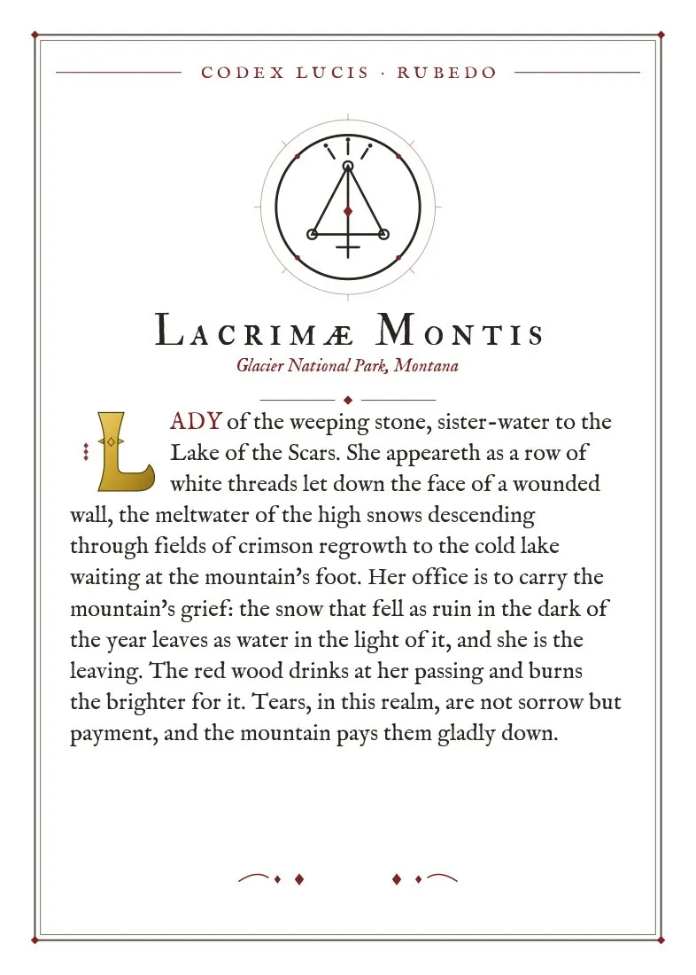 The colophon for Lacrimae Montis — its Codex Lucis entry, printed on fine-art card