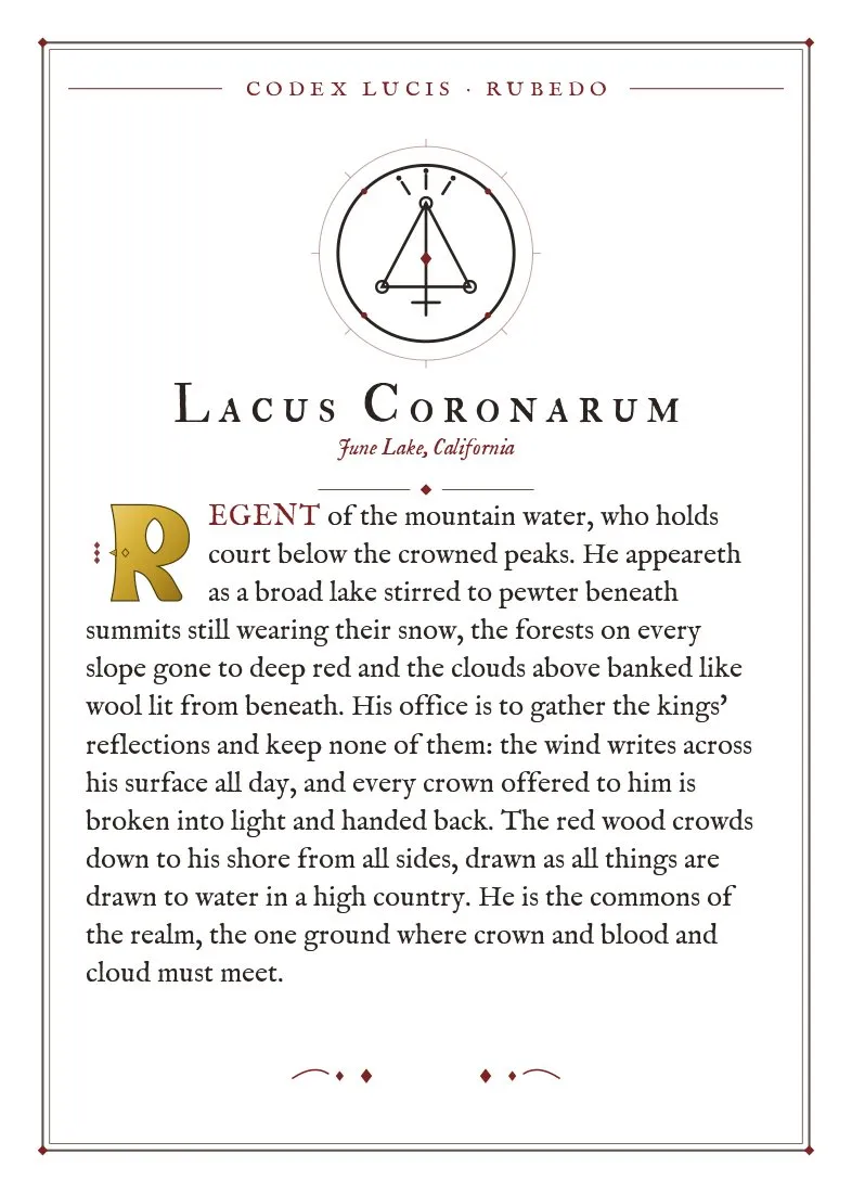 The colophon for Lacus Coronarum — its Codex Lucis entry, printed on fine-art card