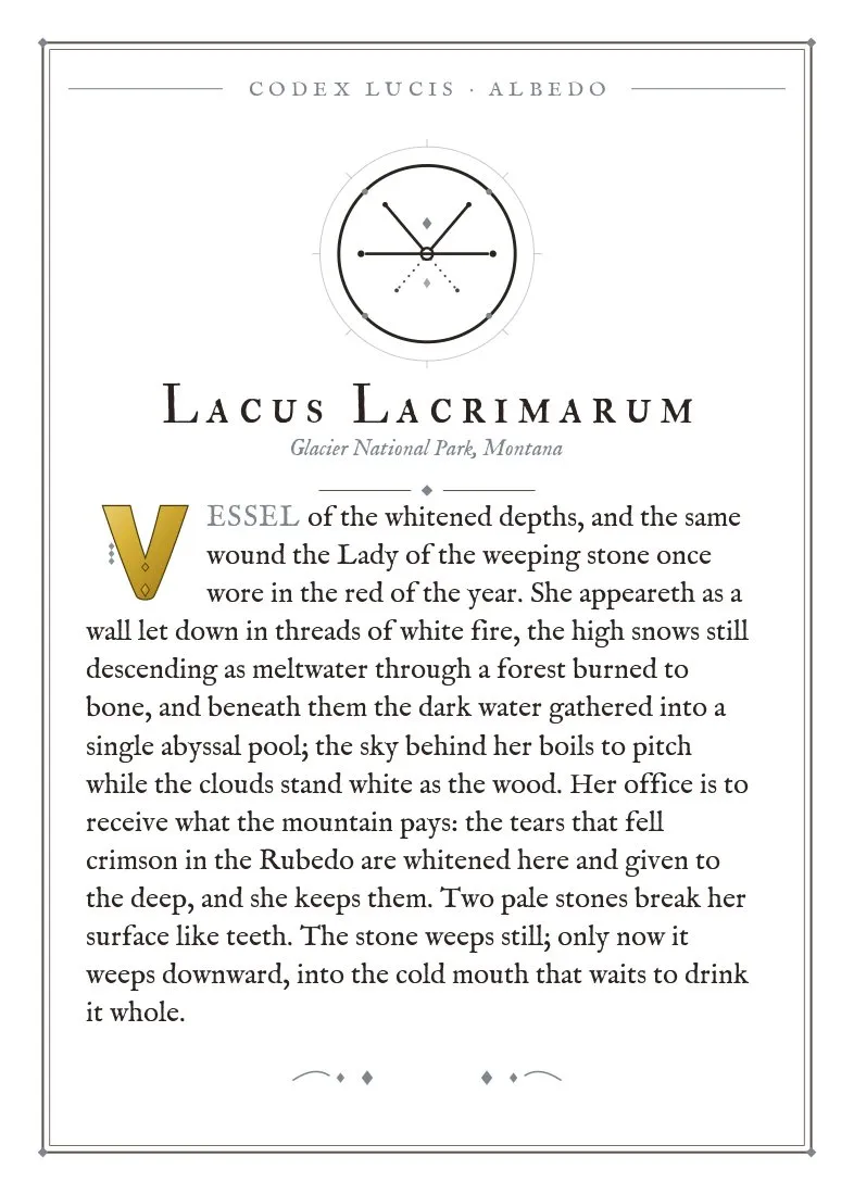 The colophon for Lacus Lacrimarum — its Codex Lucis entry, printed on fine-art card