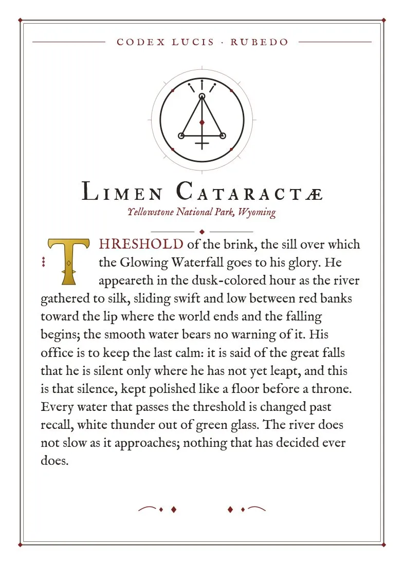 The colophon for Limen Cataractae — its Codex Lucis entry, printed on fine-art card