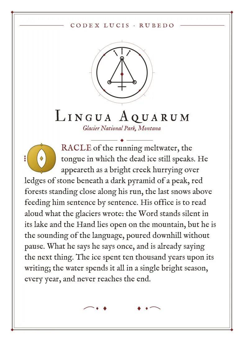 The colophon for Lingua Aquarum — its Codex Lucis entry, printed on fine-art card