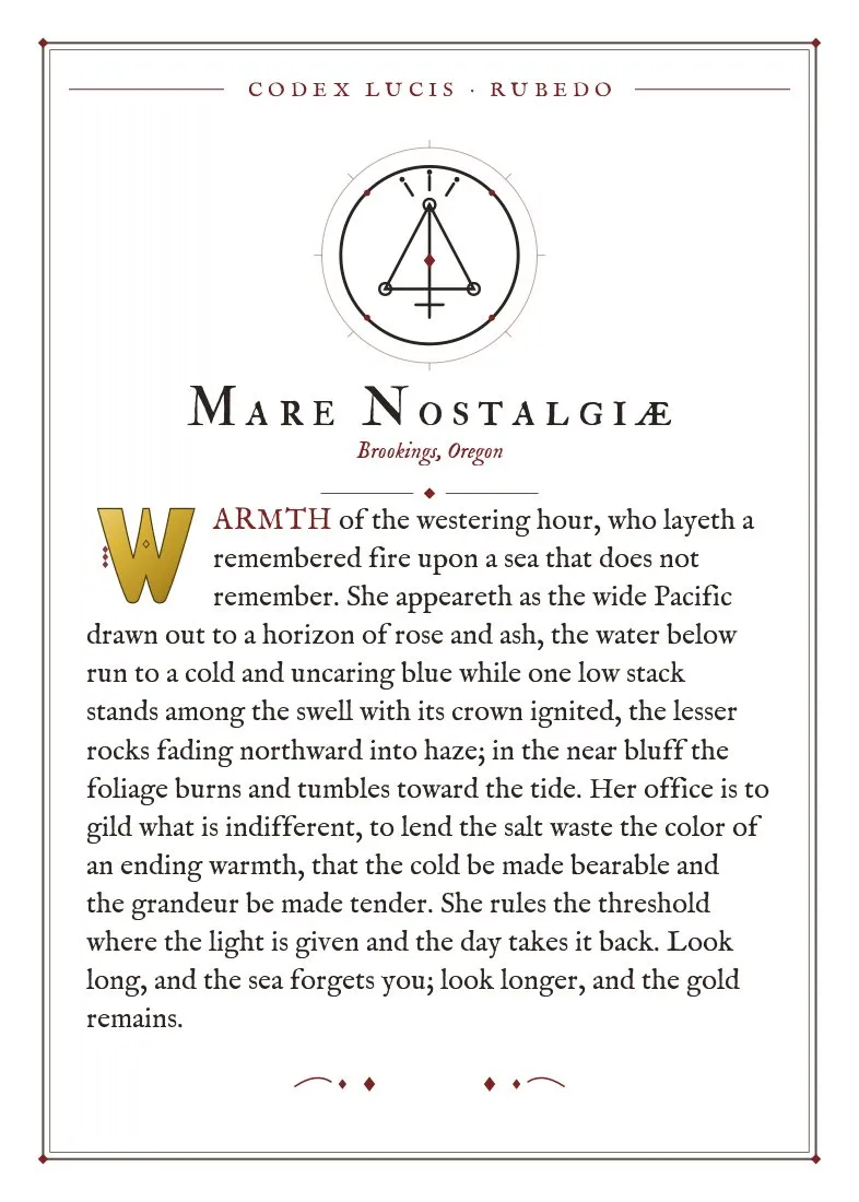 The colophon for Mare Nostalgiae — its Codex Lucis entry, printed on fine-art card