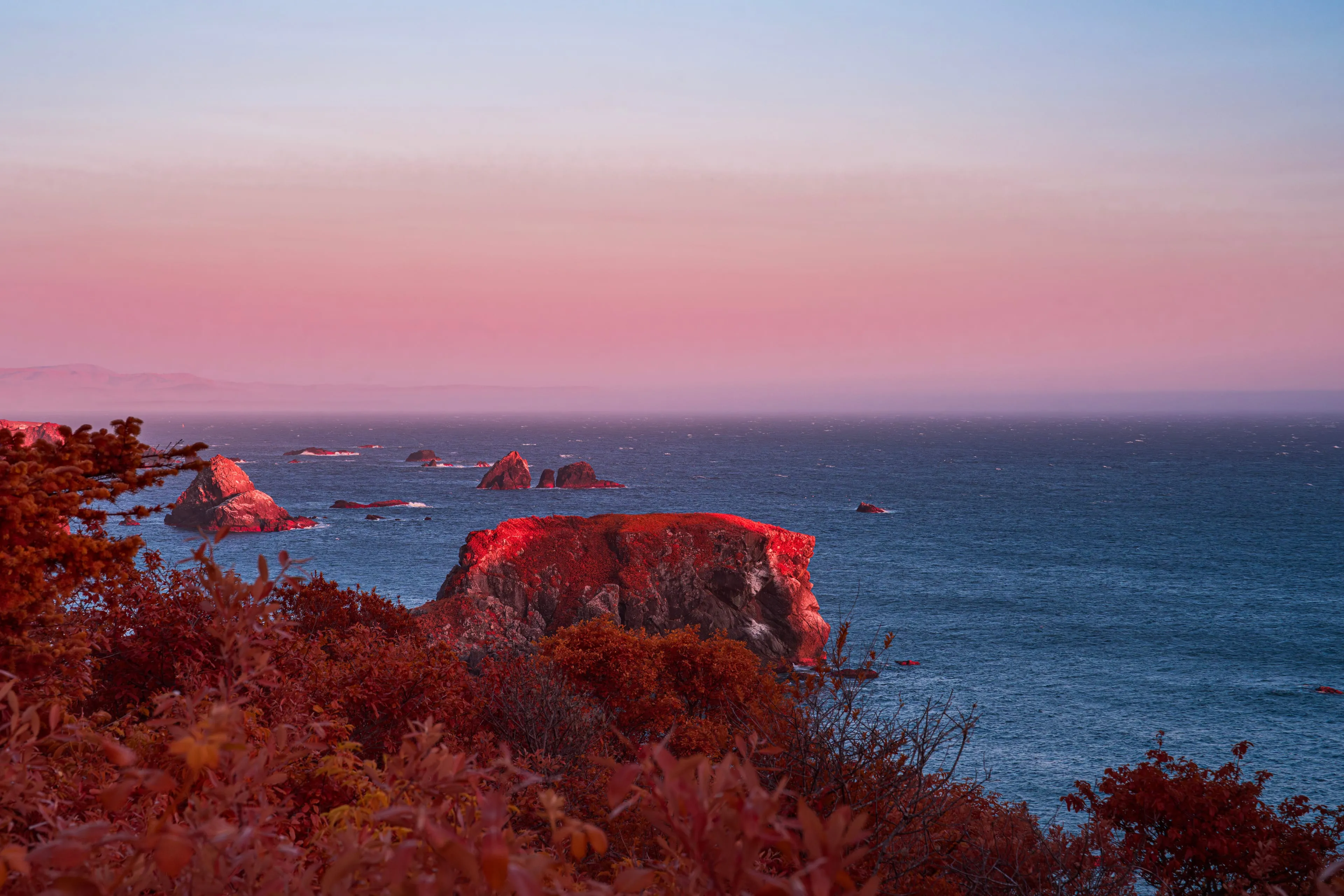 An infrared rendering of the Oregon Pacific coast at sunset; a flat-topped sea stack glows red above a blue ocean, with smaller stacks scattered toward a pale rose horizon and red foliage crowding the foreground bluff.