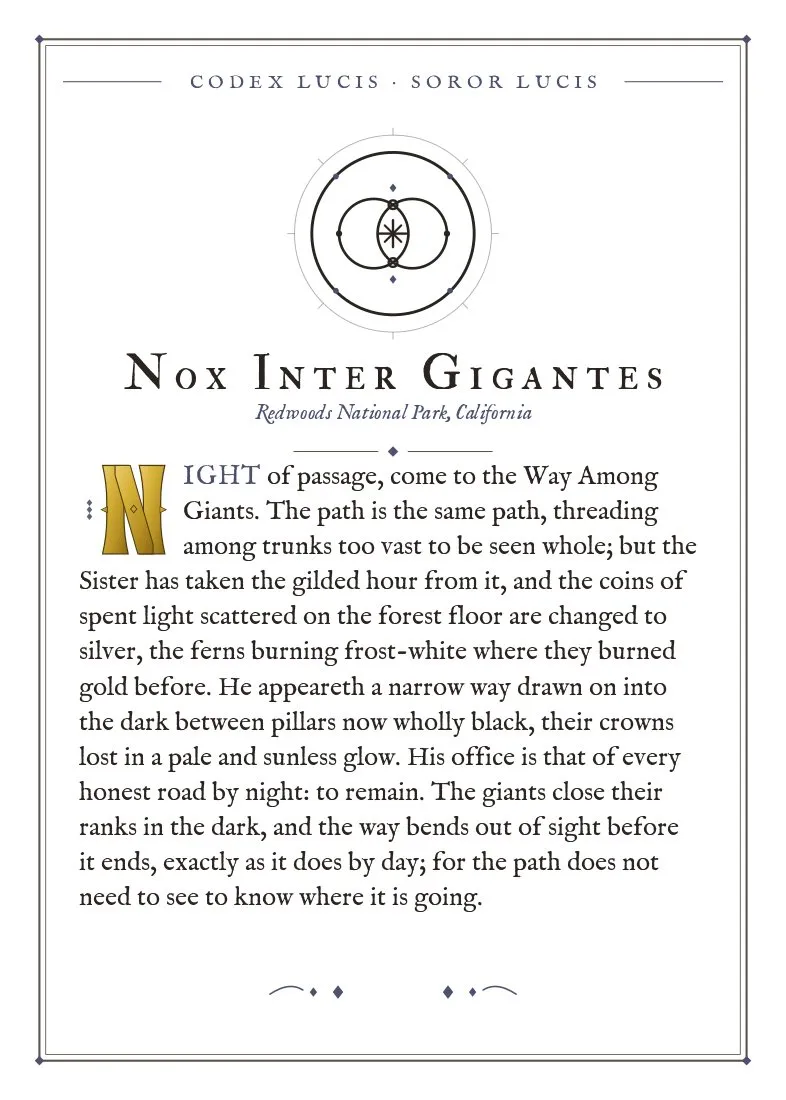 The colophon for Nox Inter Gigantes — its Codex Lucis entry, printed on fine-art card