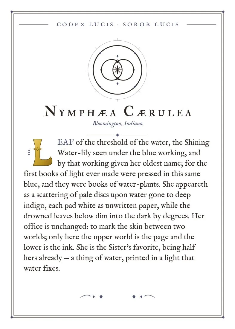 The colophon for Nymphaea Caerulea — its Codex Lucis entry, printed on fine-art card