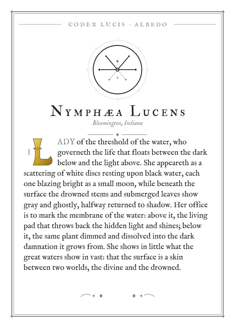 The colophon for Nymphaea Lucens — its Codex Lucis entry, printed on fine-art card