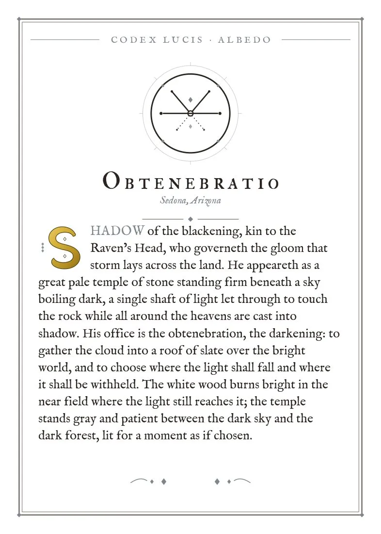 The colophon for Obtenebratio — its Codex Lucis entry, printed on fine-art card