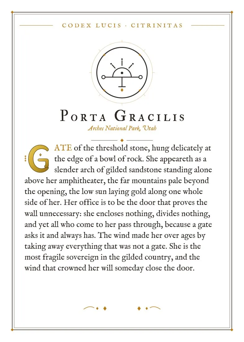 The colophon for Porta Gracilis — its Codex Lucis entry, printed on fine-art card