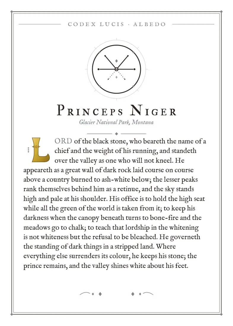 The colophon for Princeps Niger — its Codex Lucis entry, printed on fine-art card