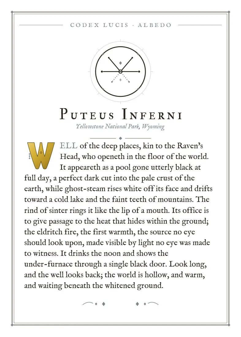 The colophon for Puteus Inferni — its Codex Lucis entry, printed on fine-art card