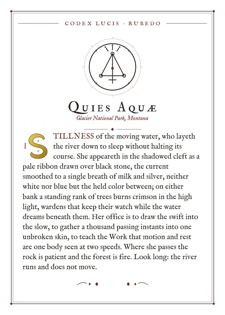 The colophon for Quies Aquae — its Codex Lucis entry, printed on fine-art card