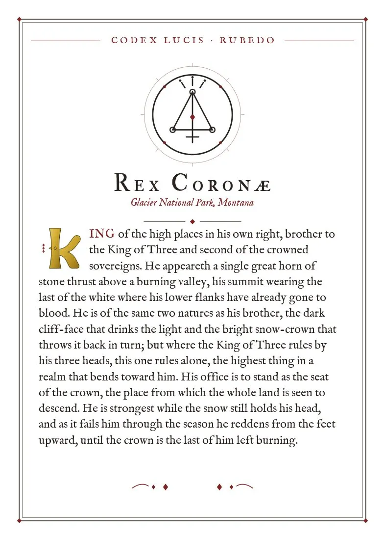 The colophon for Rex Coronae — its Codex Lucis entry, printed on fine-art card