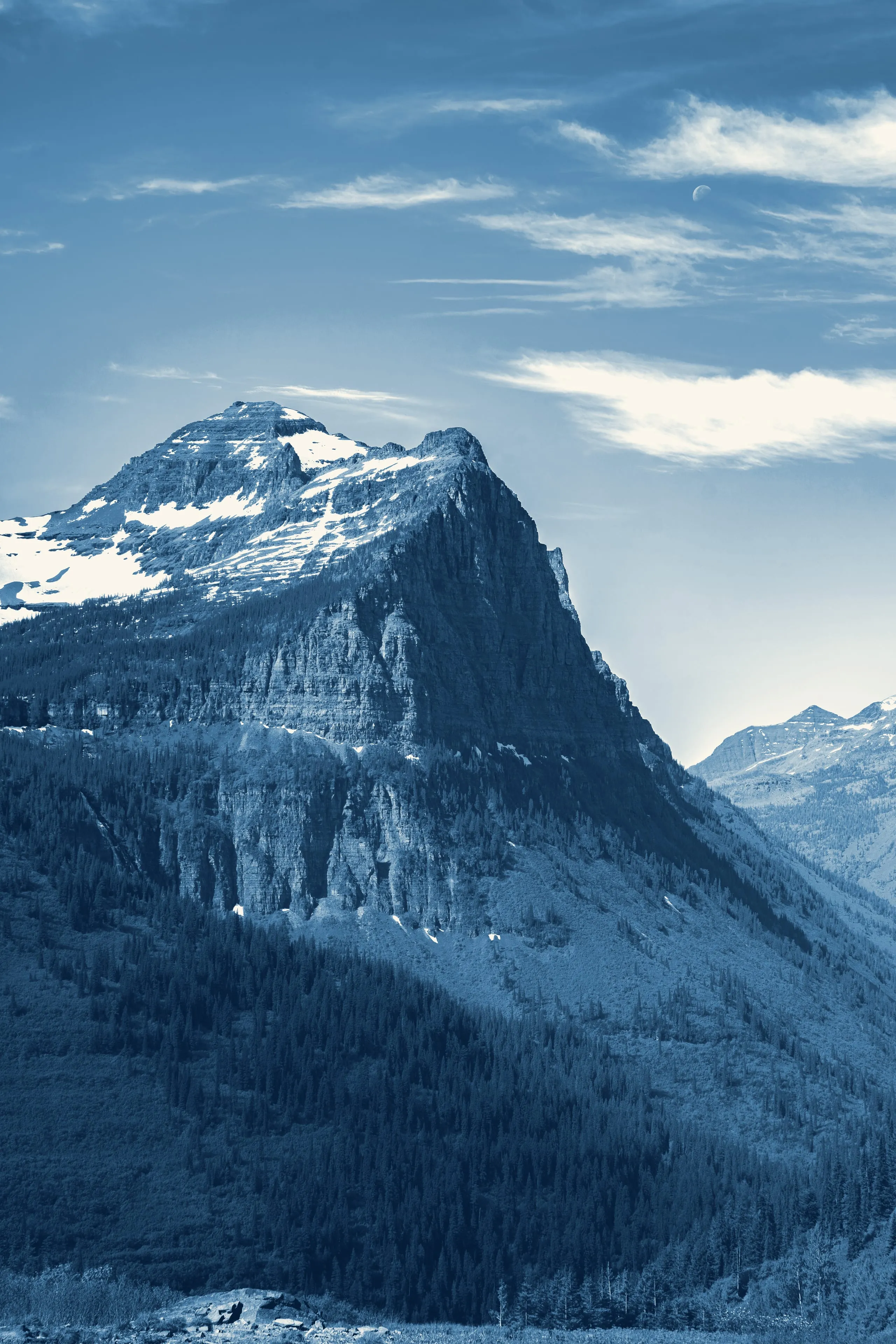 A snow-streaked peak towers over forested slopes in cyanotype blue, a small moon hanging in the streaked sky above.