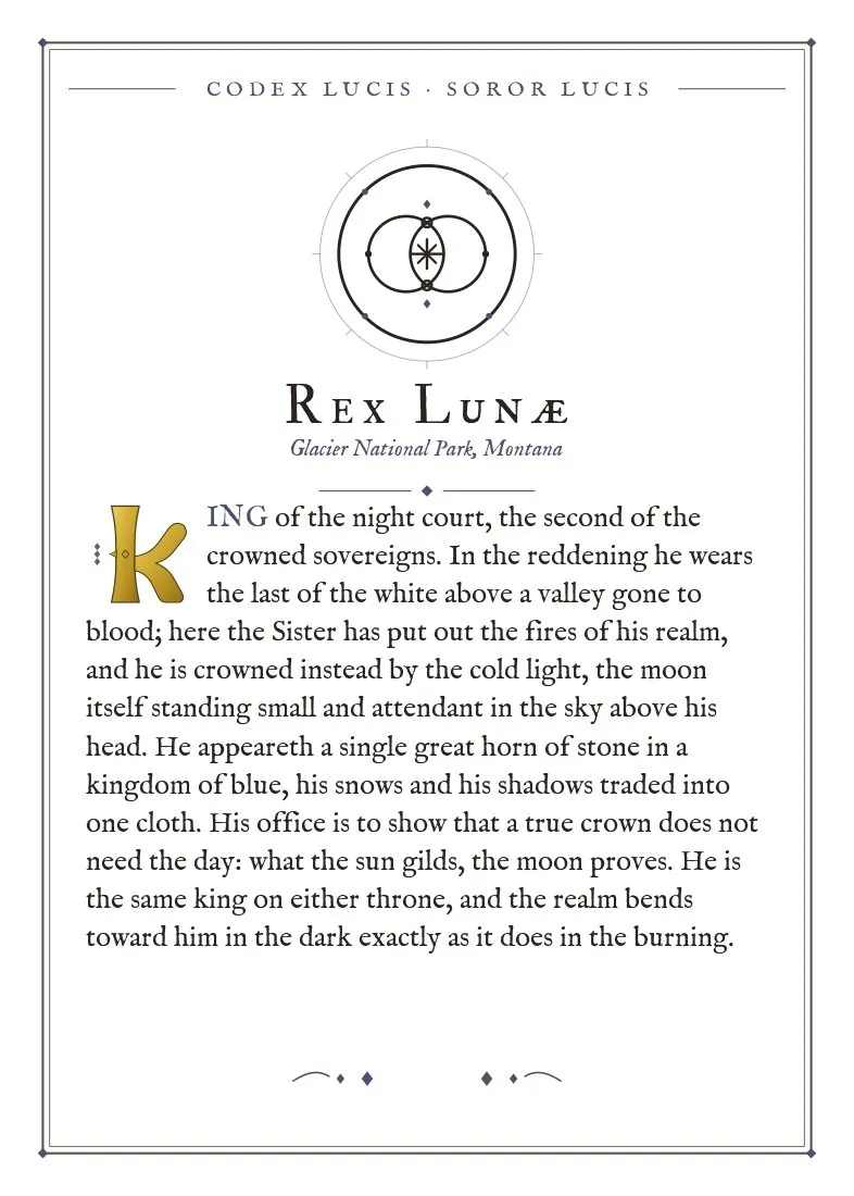 The colophon for Rex Lunae — its Codex Lucis entry, printed on fine-art card