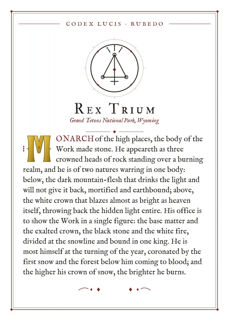The colophon for Rex Trium — its Codex Lucis entry, printed on fine-art card