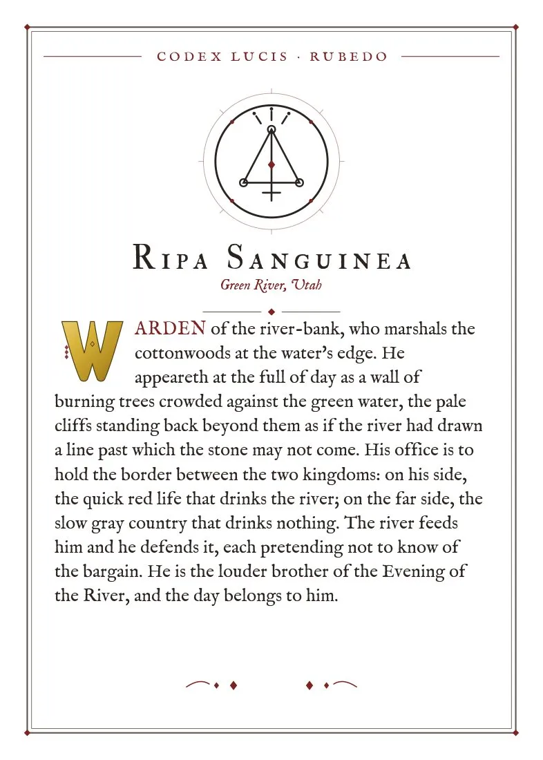 The colophon for Ripa Sanguinea — its Codex Lucis entry, printed on fine-art card