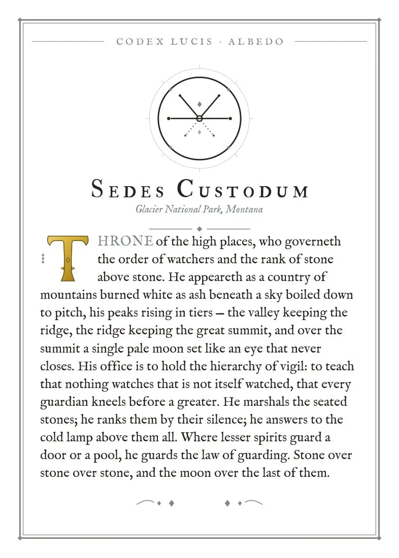 The colophon for Sedes Custodum — its Codex Lucis entry, printed on fine-art card