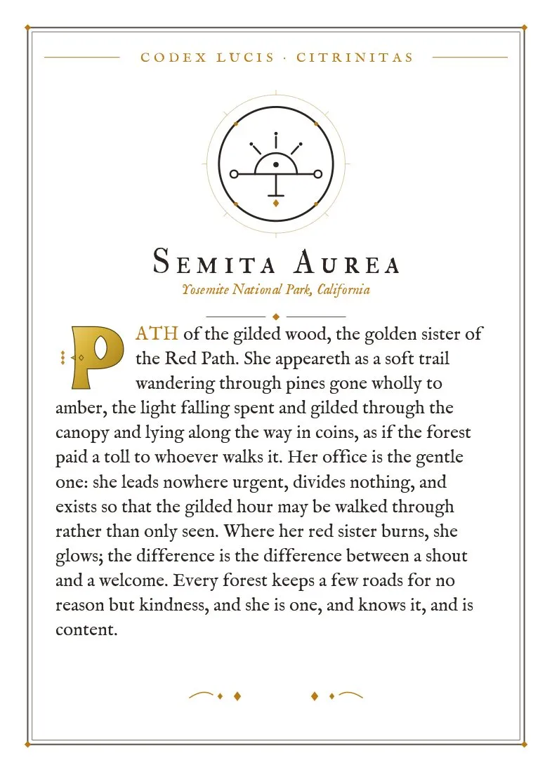 The colophon for Semita Aurea — its Codex Lucis entry, printed on fine-art card