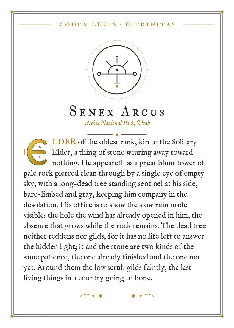 The colophon for Senex Arcus — its Codex Lucis entry, printed on fine-art card