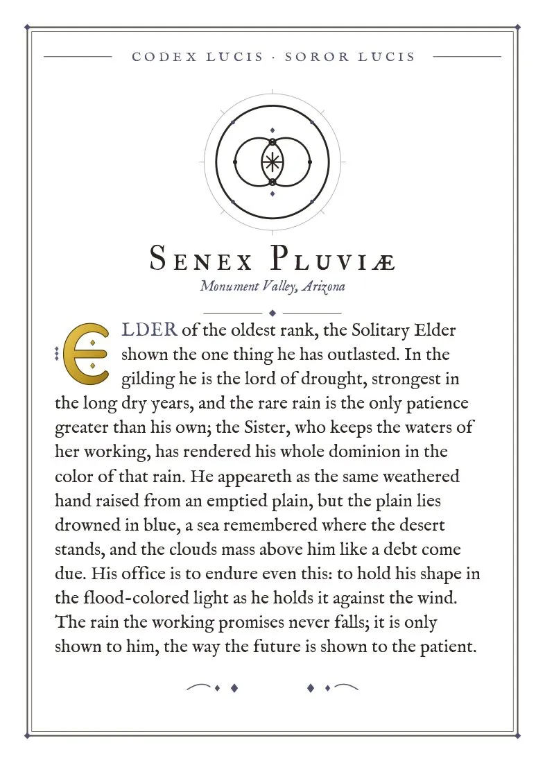 The colophon for Senex Pluviae — its Codex Lucis entry, printed on fine-art card
