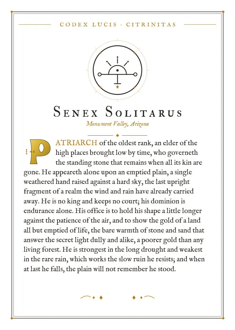 The colophon for Senex Solitarus — its Codex Lucis entry, printed on fine-art card