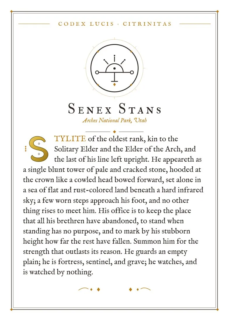 The colophon for Senex Stans — its Codex Lucis entry, printed on fine-art card