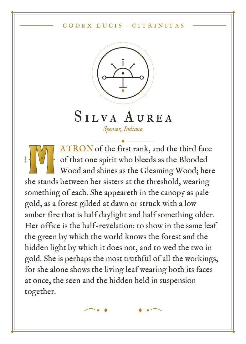The colophon for Silva Aurea — its Codex Lucis entry, printed on fine-art card