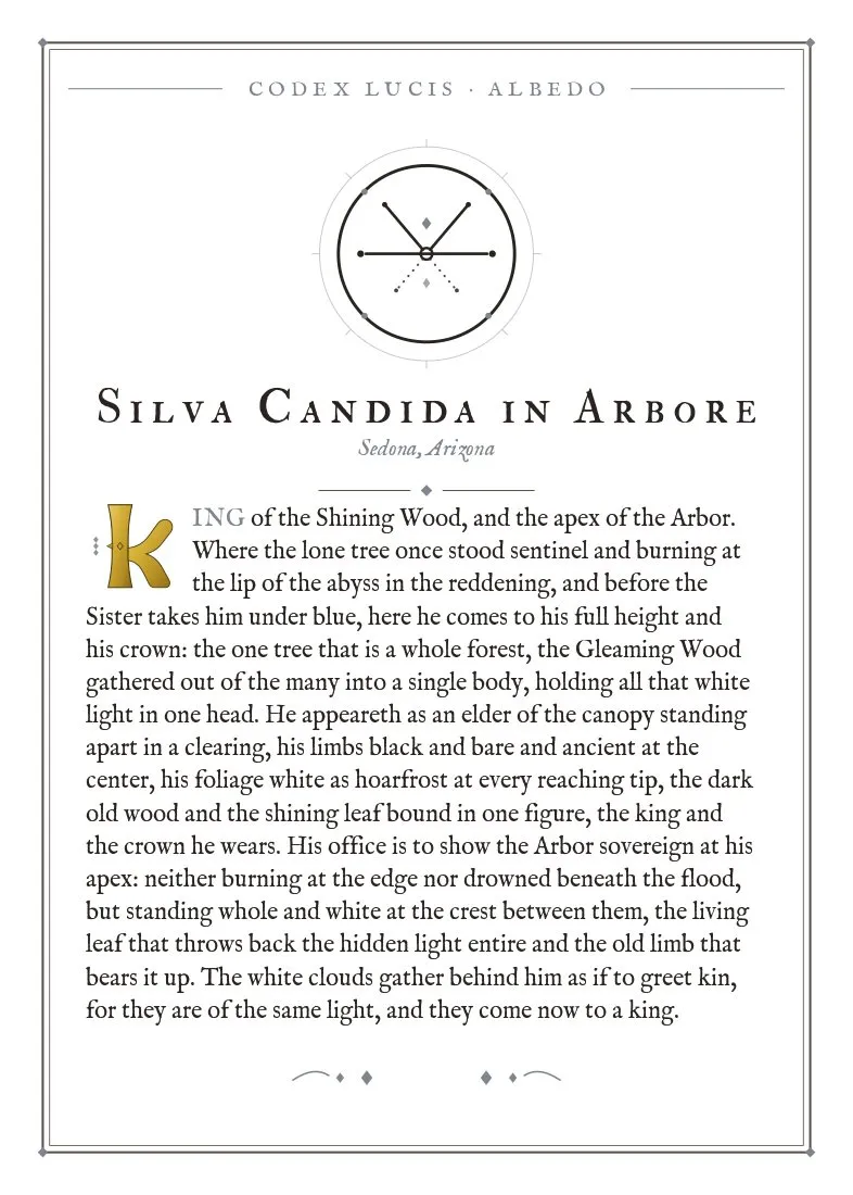 The colophon for Silva Candida in Arbore — its Codex Lucis entry, printed on fine-art card