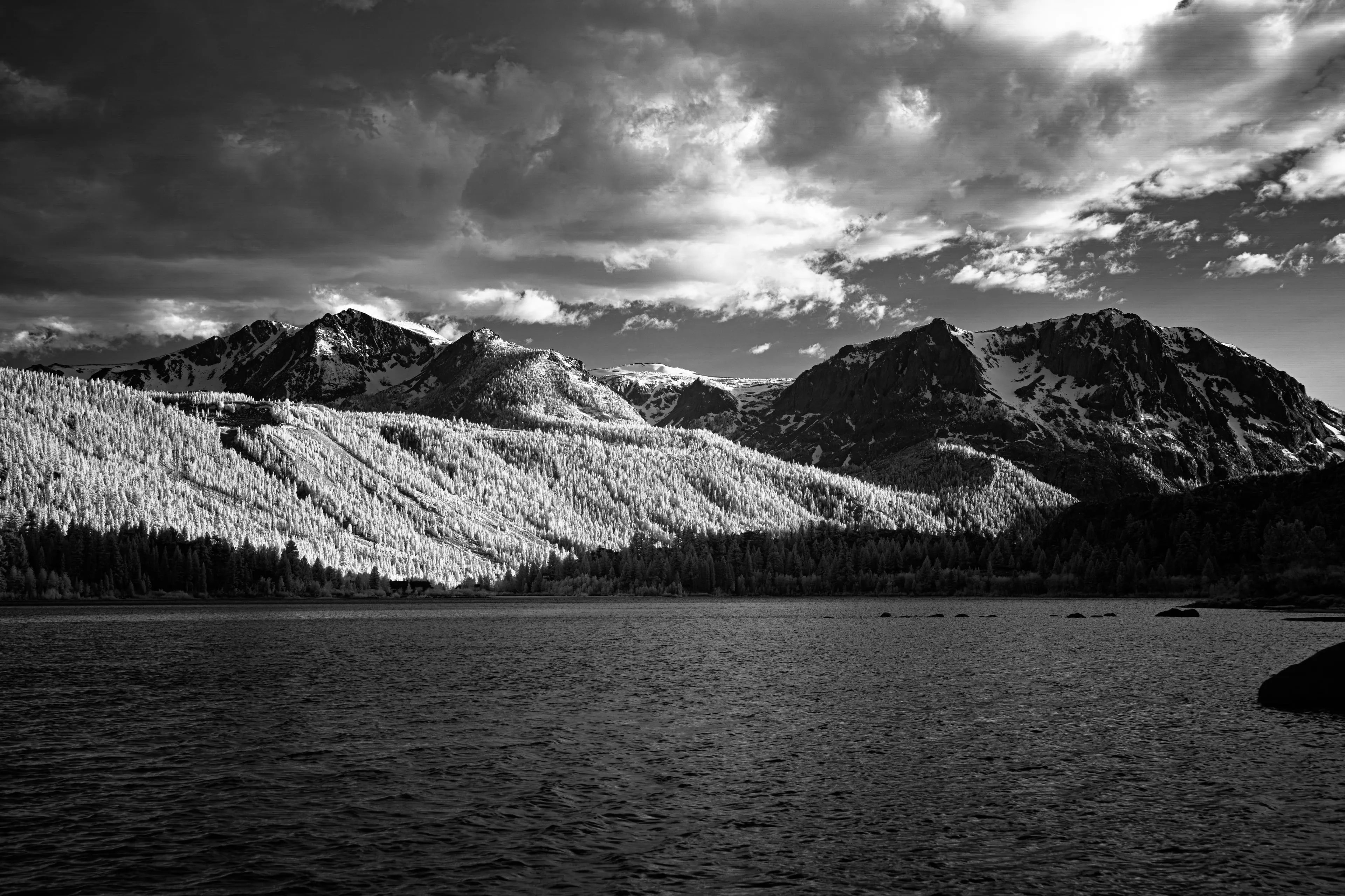Across a dark lake, a mountainside forest glows ghostly white in infrared beneath snow-touched peaks and heavy clouds.