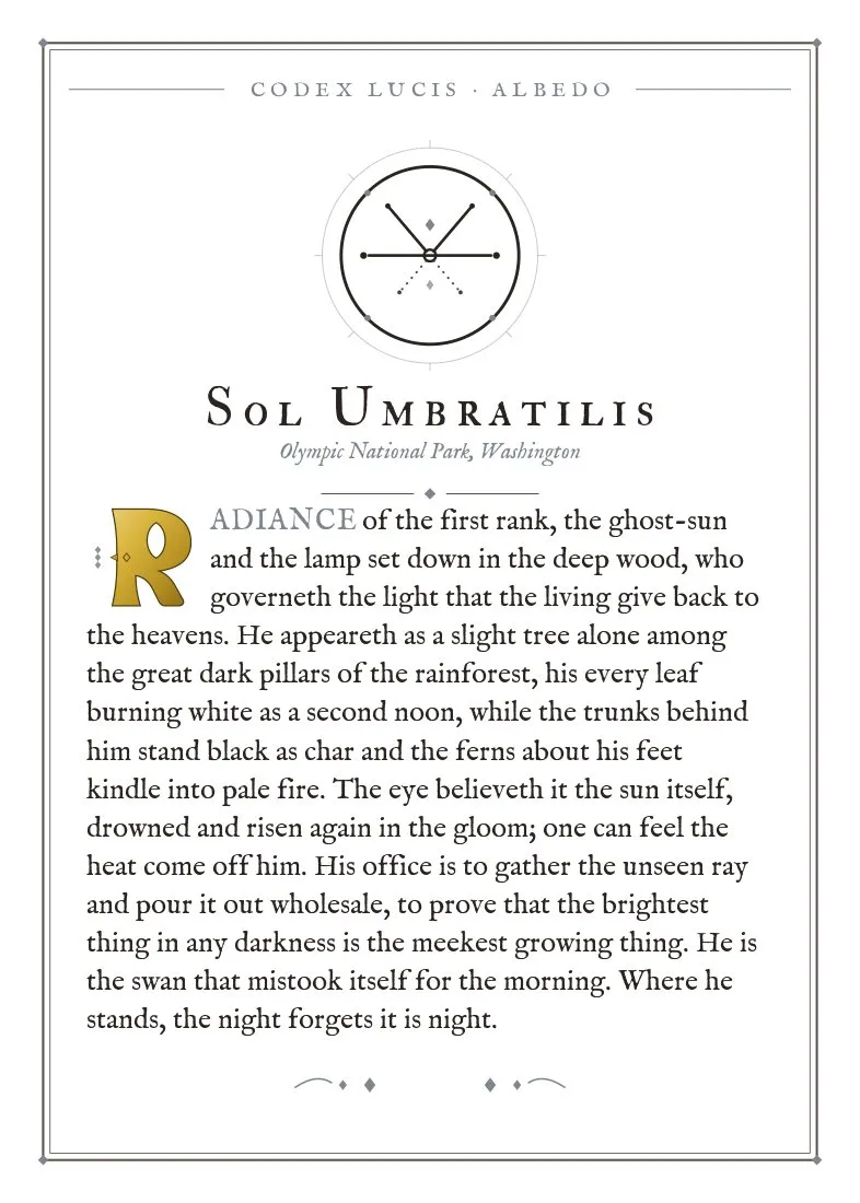 The colophon for Sol Umbratilis — its Codex Lucis entry, printed on fine-art card